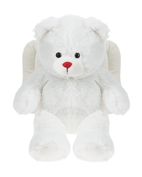 Stuffed white bear with angel wings and red nose