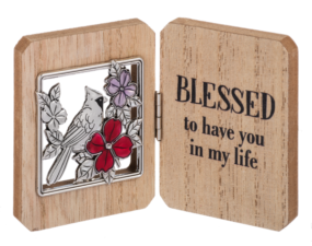 A stunning cardinal and red flower on the left side of the mini plaque. On the right side, the message "Blessed to have you in my life" is engraved.