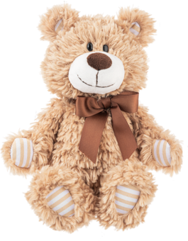 Snuggly tan bear with brown bow and striped feet - Callie.