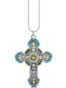 Cross-shaped car charm with colorful yellow/turquoise engraved pattern
