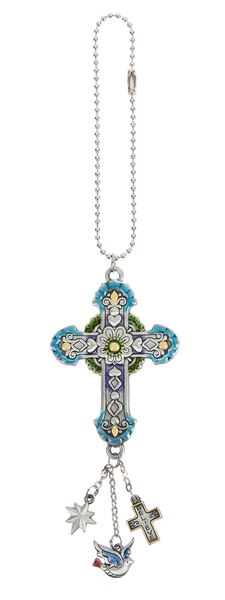 Cross-shaped car charm with colorful yellow/turquoise engraved pattern