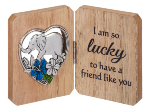 A charming blue flower and an elephant on the left side of the mini plaque. On the right side, the message "I am so lucky to have a friend like you" is engraved.