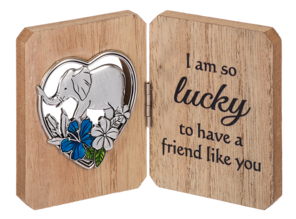A charming blue flower and an elephant on the left side of the mini plaque. On the right side, the message "I am so lucky to have a friend like you" is engraved.
