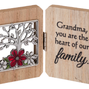 A tree with a red flower on the left side of the mini plaque. On the right side, the message "Grandma, you are the heart of our family" is engraved.