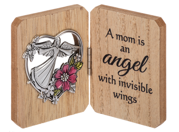 A charming angel and a pink flower on the left side of the mini plaque. On the right side, the message "A mom is an angel with invisible wings" is engraved.