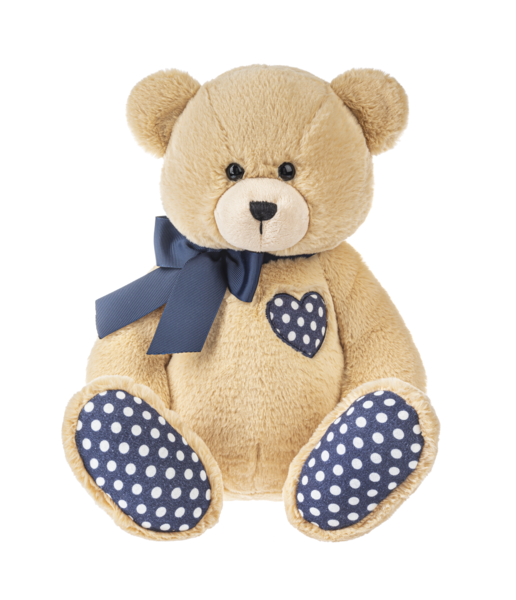 Blue bear with white polka dotted heart and feet wearing a blue bow