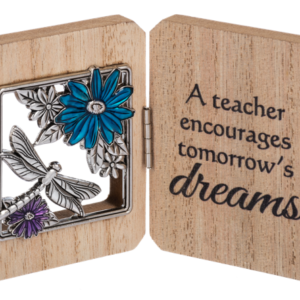 An elegant apple design on the left side of the mini plaque. On the right side, the message "A teacher encourages tomorrow's dreams" is engraved.