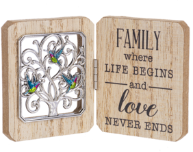 Family Love Plaque featuring tree design and colorful hummingbirds, engraved with heartwarming message "Family where life begins and love never ends"