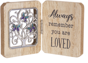 Wooden plaque with a tree and blue and purple butterflies, engraved with the message "Always Remember You Are Loved"