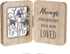 Wooden plaque with a tree and blue and purple butterflies, engraved with the message "Always Remember You Are Loved"